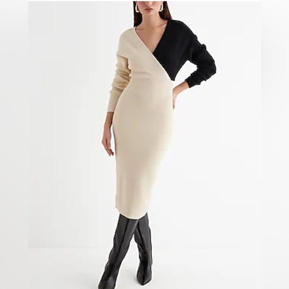 Express Color Block Ribbed V-Neck Surplice Midi Sweater Dress - Picture 1 of 13